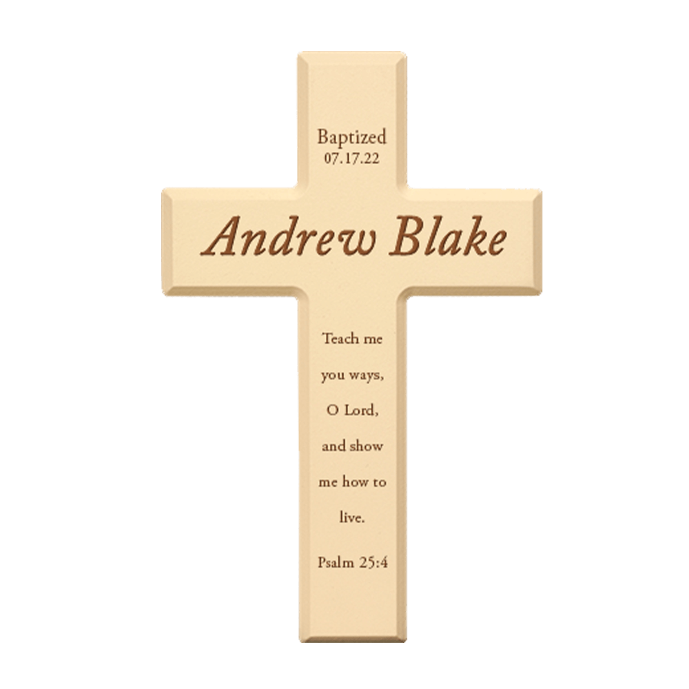 personalized cross with name, verse, and baptism date
