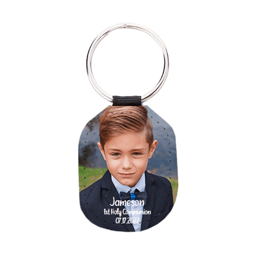 personalized keychain with photo, name, and date of first communion