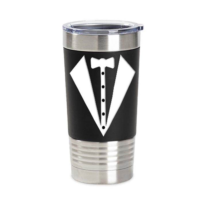 tumbler customized with image to mimic the front of a tuxedo