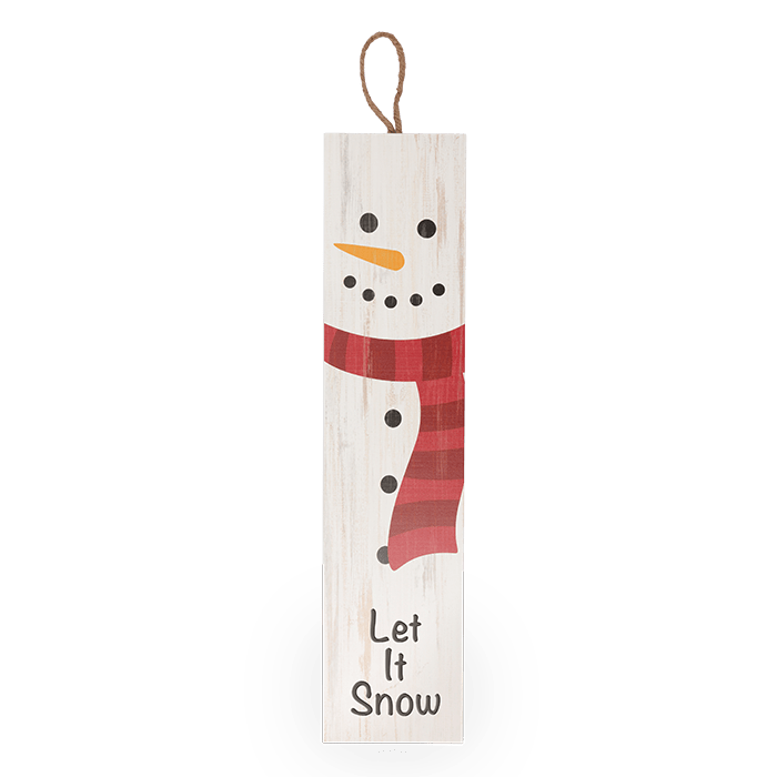 A rectangular wooden sign with a snowman customized with Let it Snow