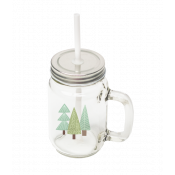 clear glass mason jar with handle, lid, and straw, personalized with three pine trees