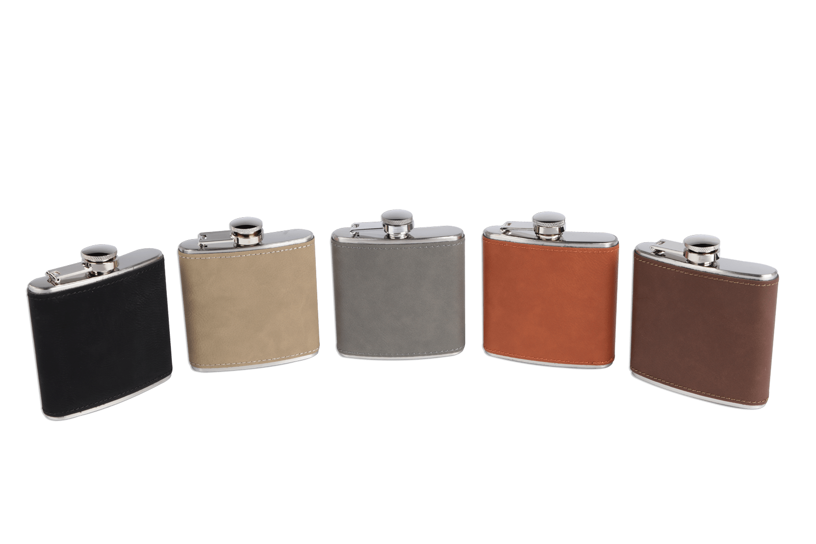 hip flasks in five different colors