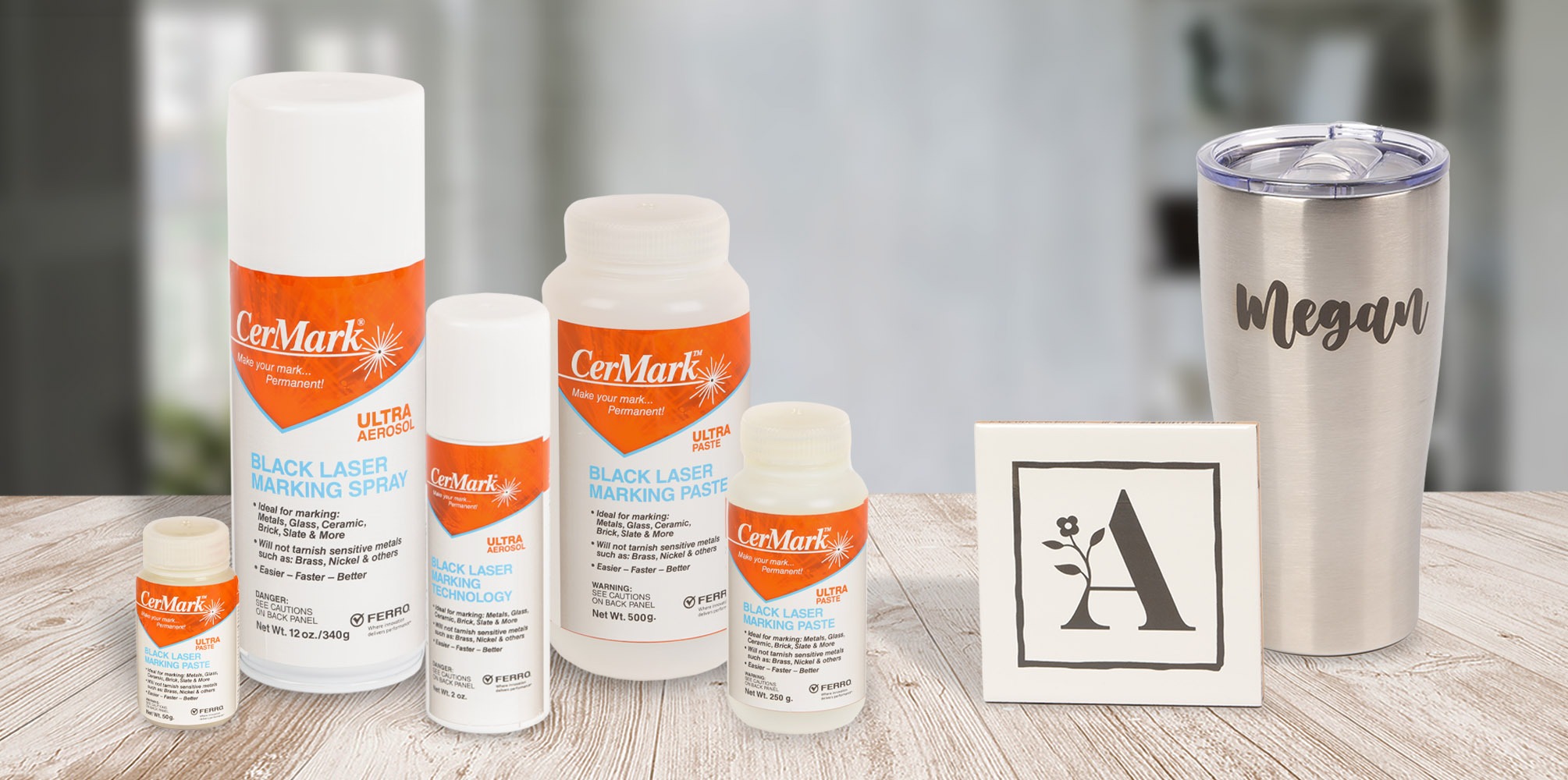 Variety of CerMark ULTRA products next to two different customizable items