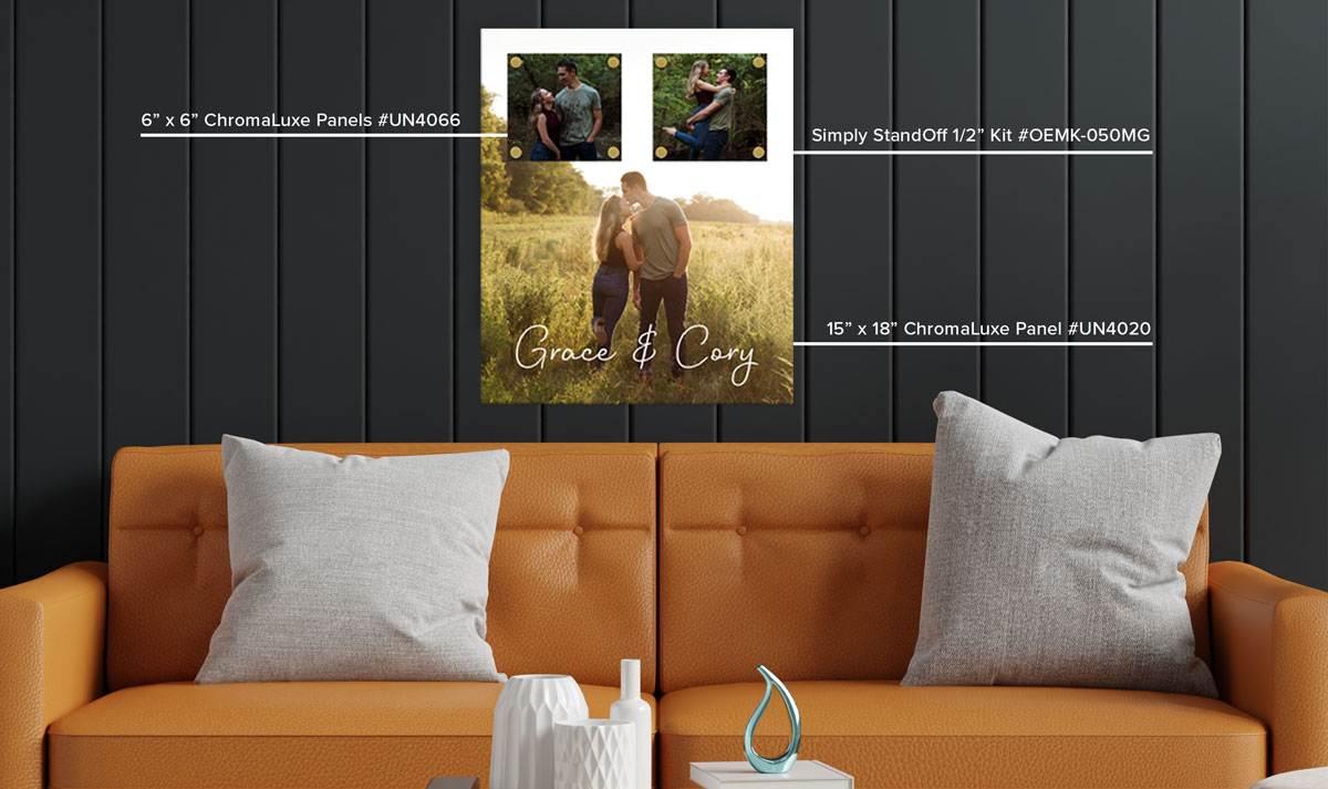 Couch and cushions with photo collage hung on the wall behind it containing 3 poses of a couple
