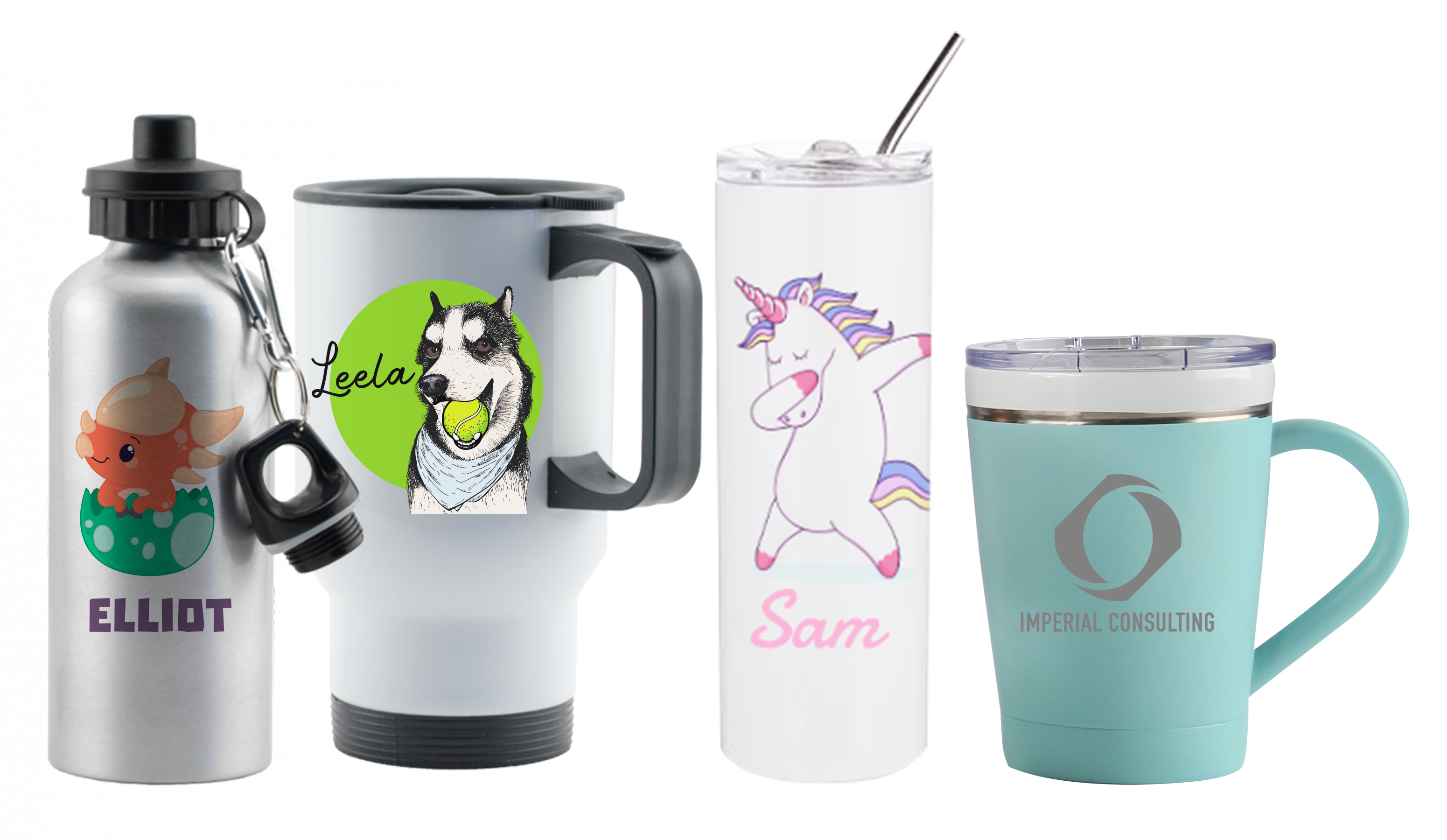 Selection of 4 different types of customizable drinkware