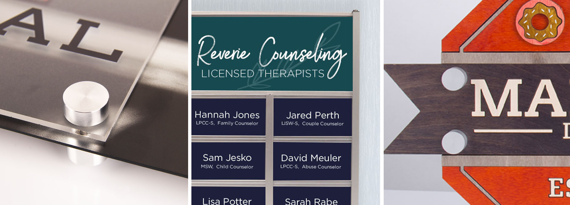 Three examples of mounting hardware for signs and name plates