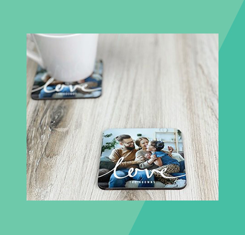 Coaster personalized with a family photo and the word love