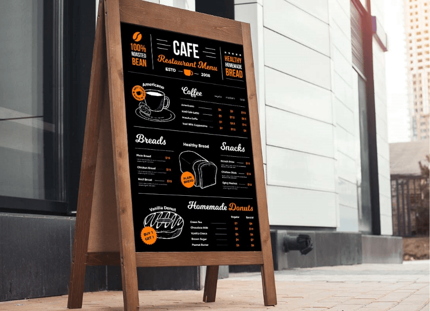 Outdoor signboard displaying a cafe menu