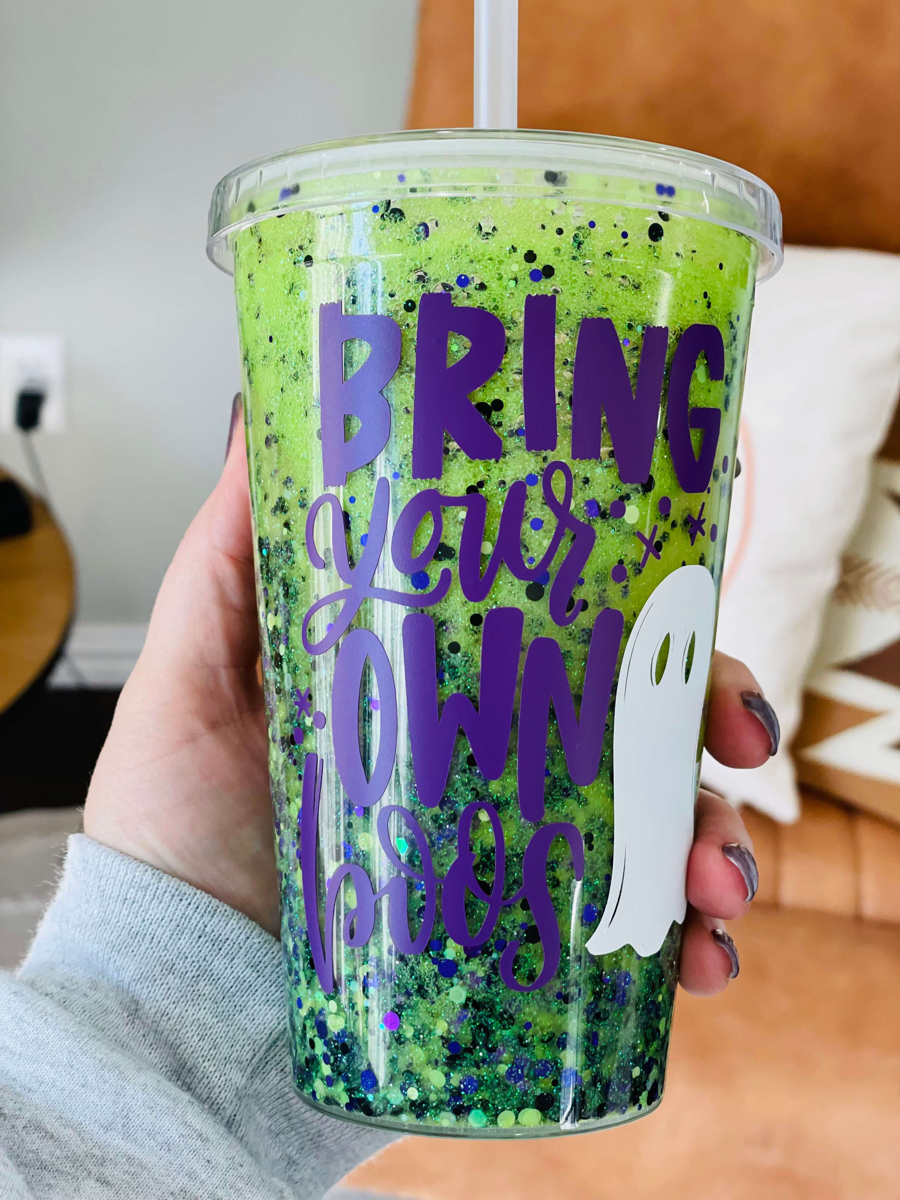 Acrylic tumbler personalized with a Halloween theme "Bring your own boos" and a little ghost