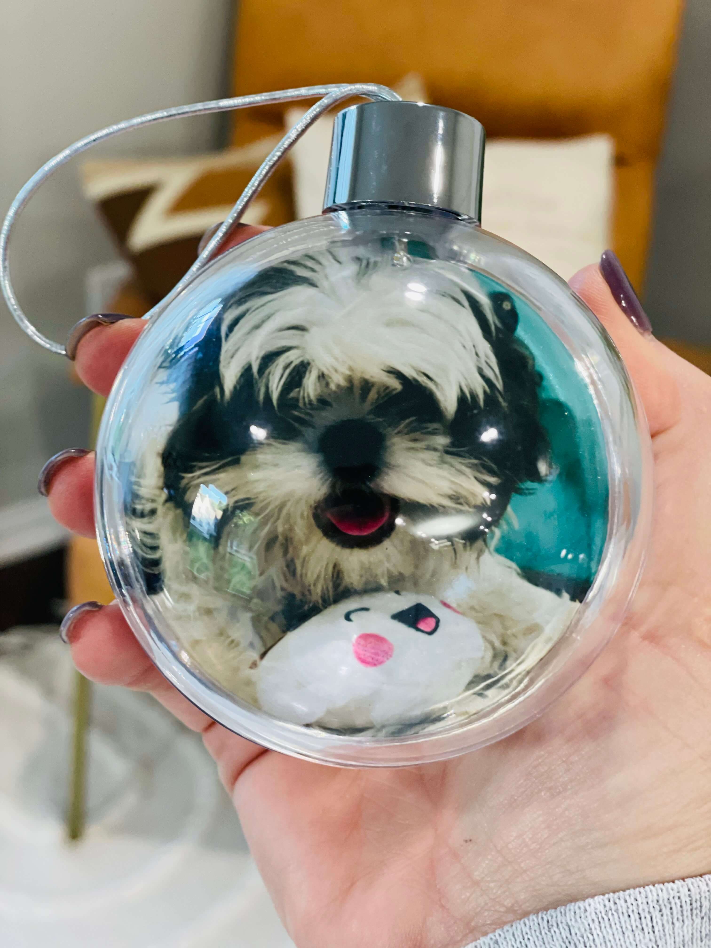 Hanging ball ornament with a photo of a puppy