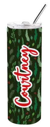 personalized holiday themed tumbler with lid and straw