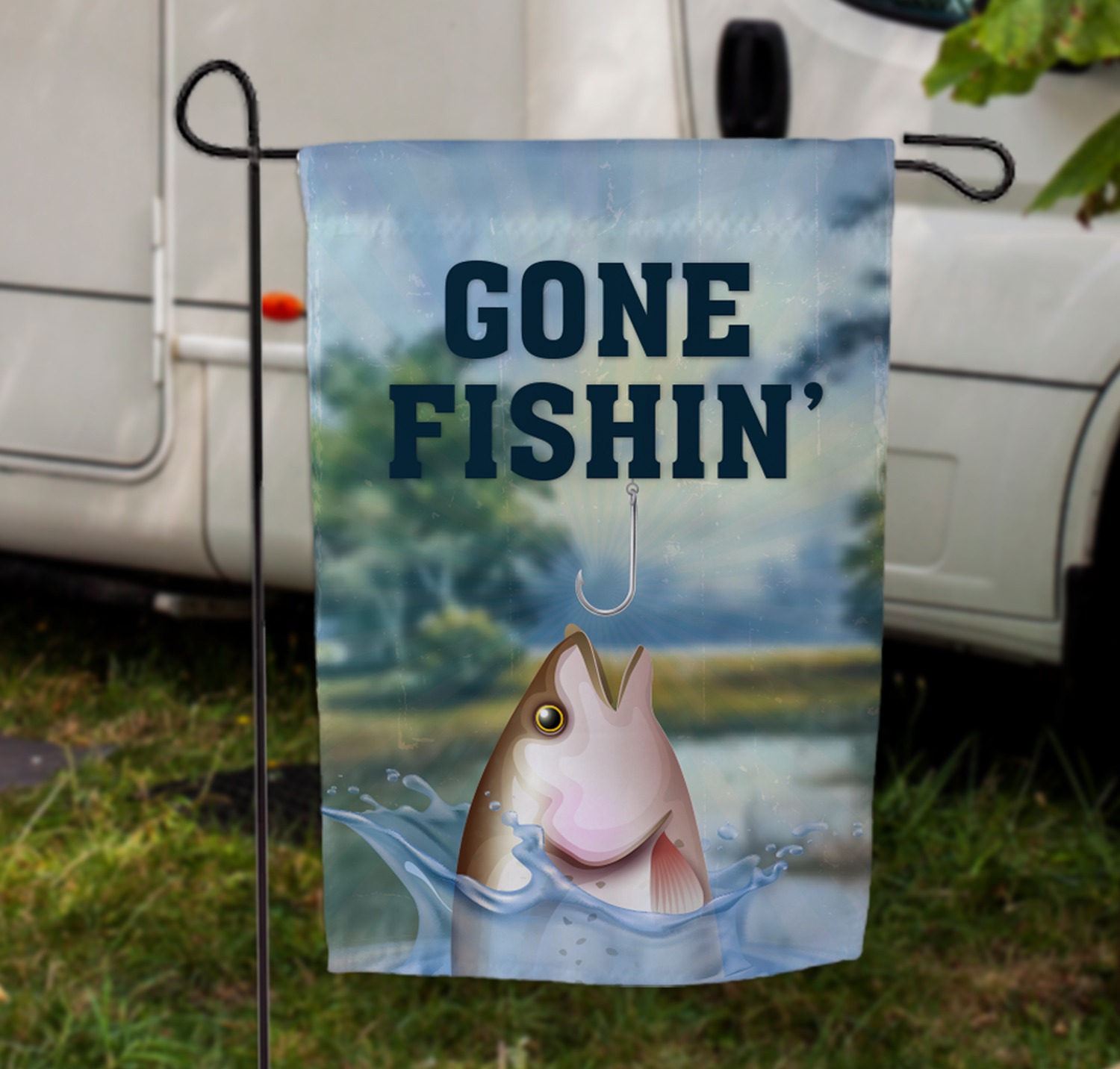 Garden flag customized with a fish and Gone Fishin'