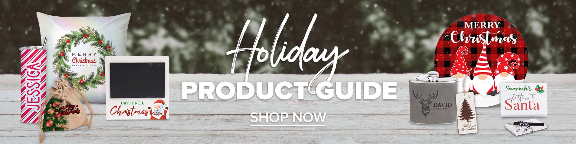 Holiday product guide banner with assortment of holiday themed customized items