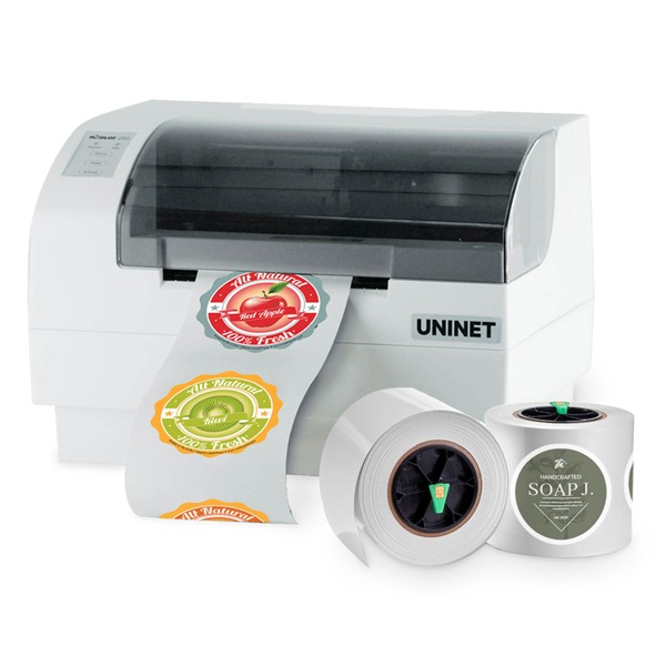 uninet iColor 250 inkjet color label printer and cutter with rolls of labels