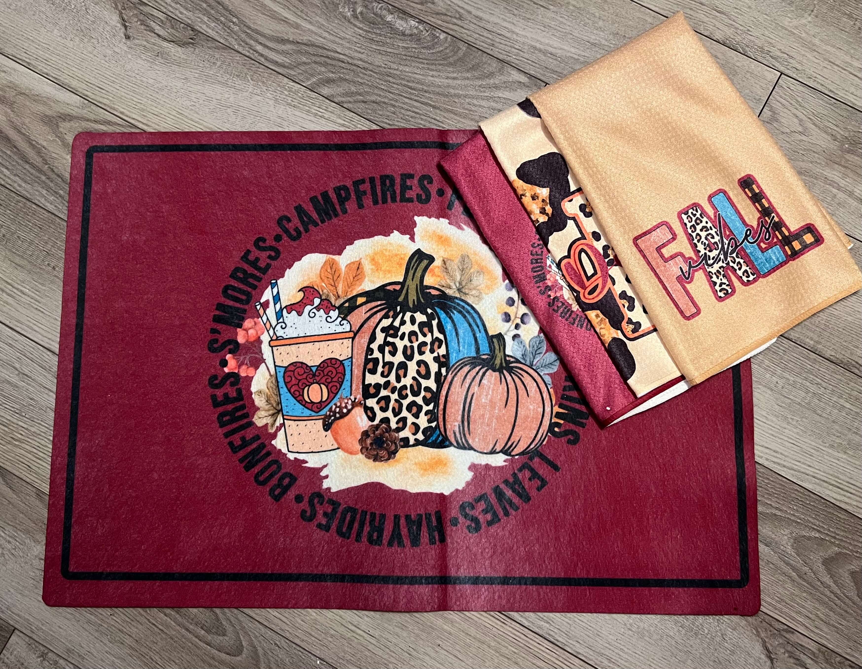 Towels and welcome mat personalized with fall theme images