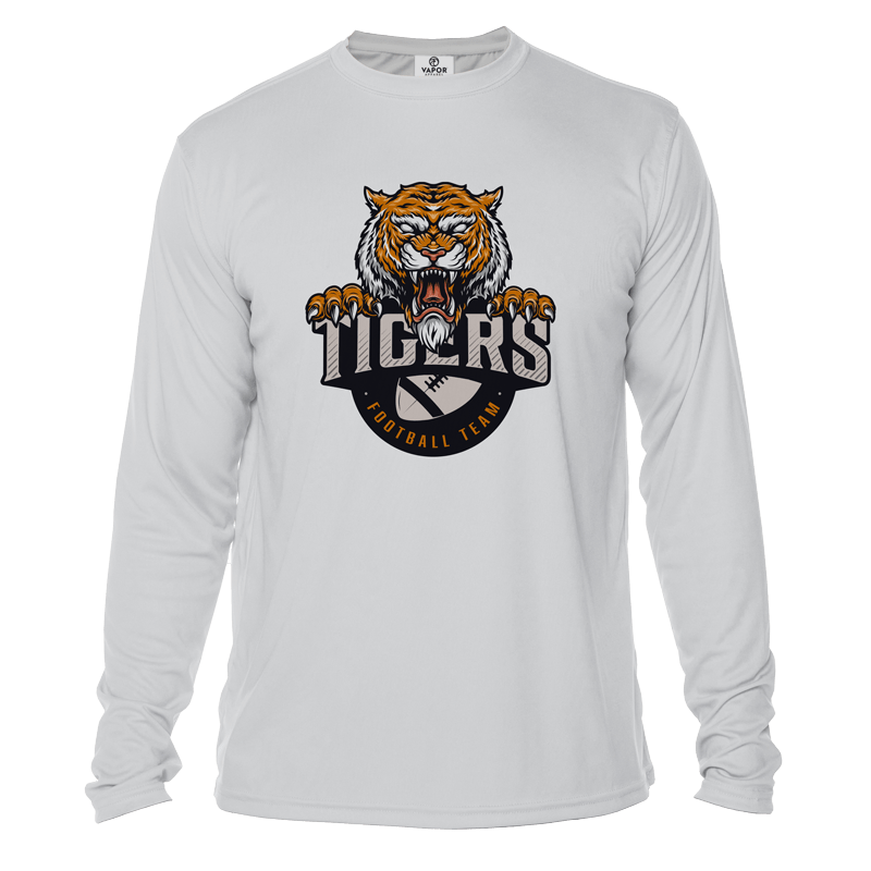 Long sleeve white shirt with school mascot insignia on the front