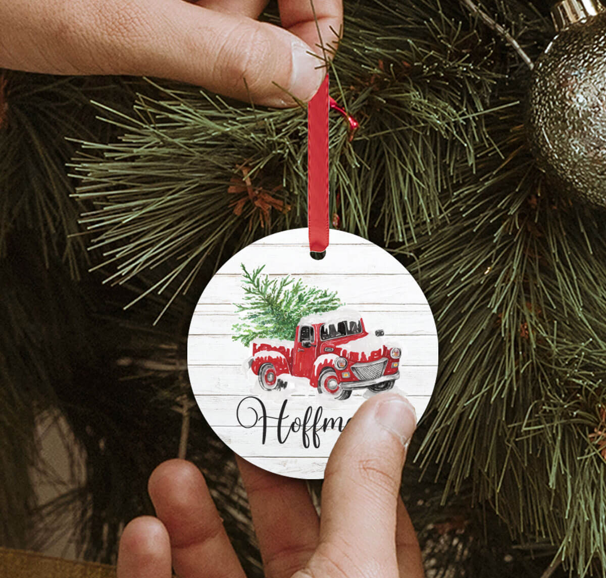personalized round ornament with pickup and tree 