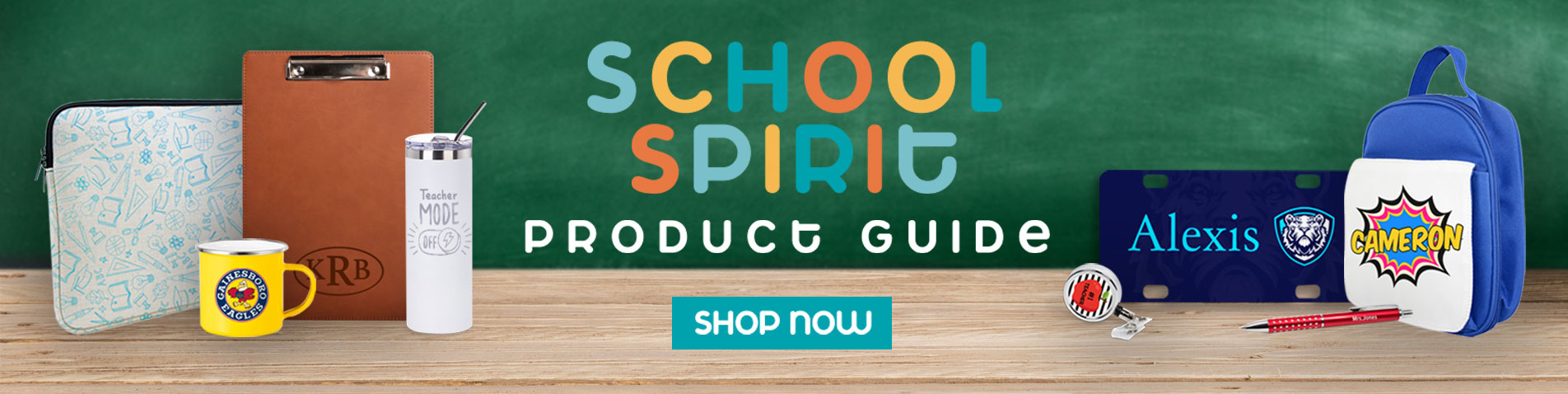 School spirit product guide banner with variety of items to personalize with school spirit insignias