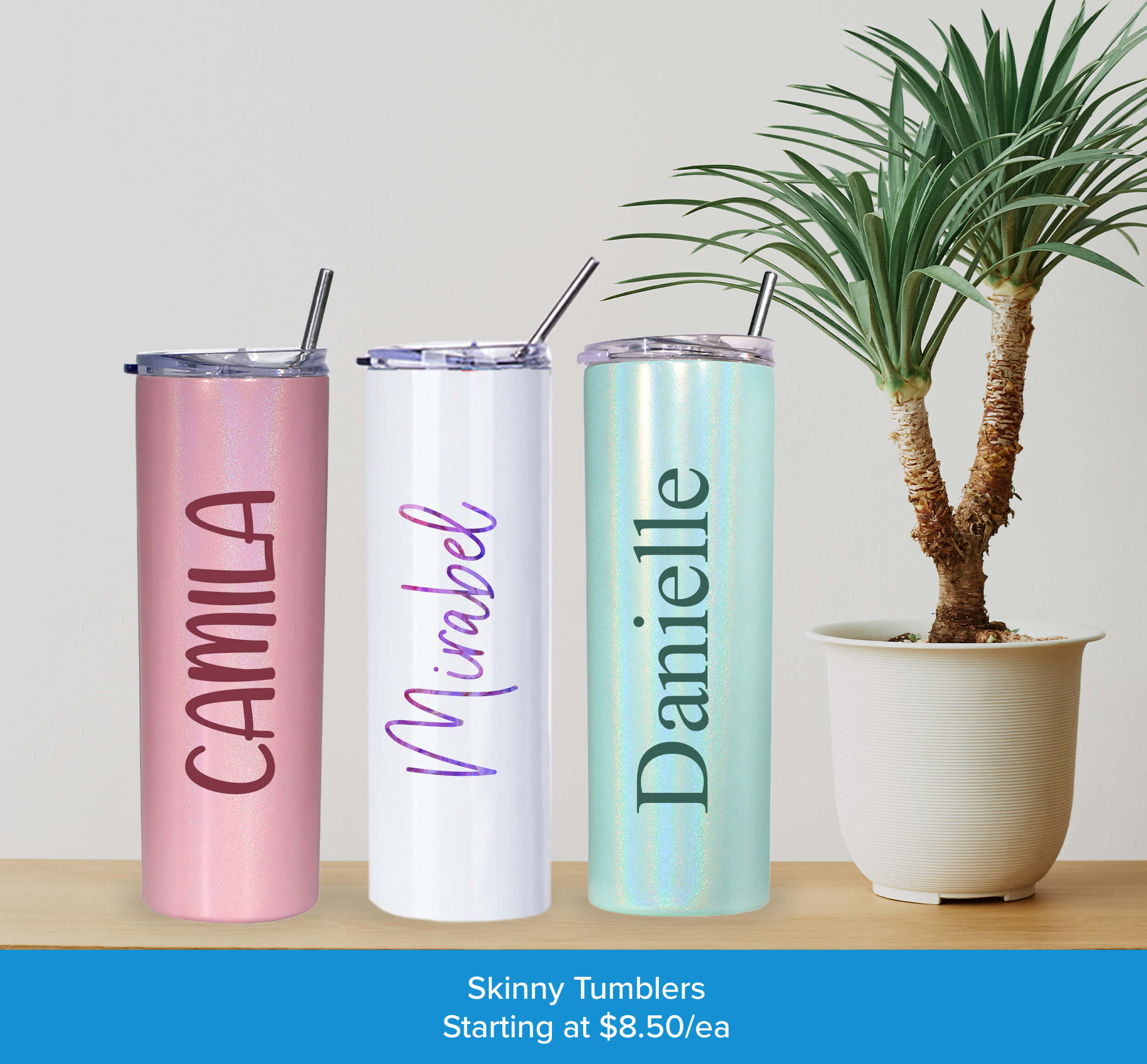 pink, white, and mint skinny tumblers personalized with names