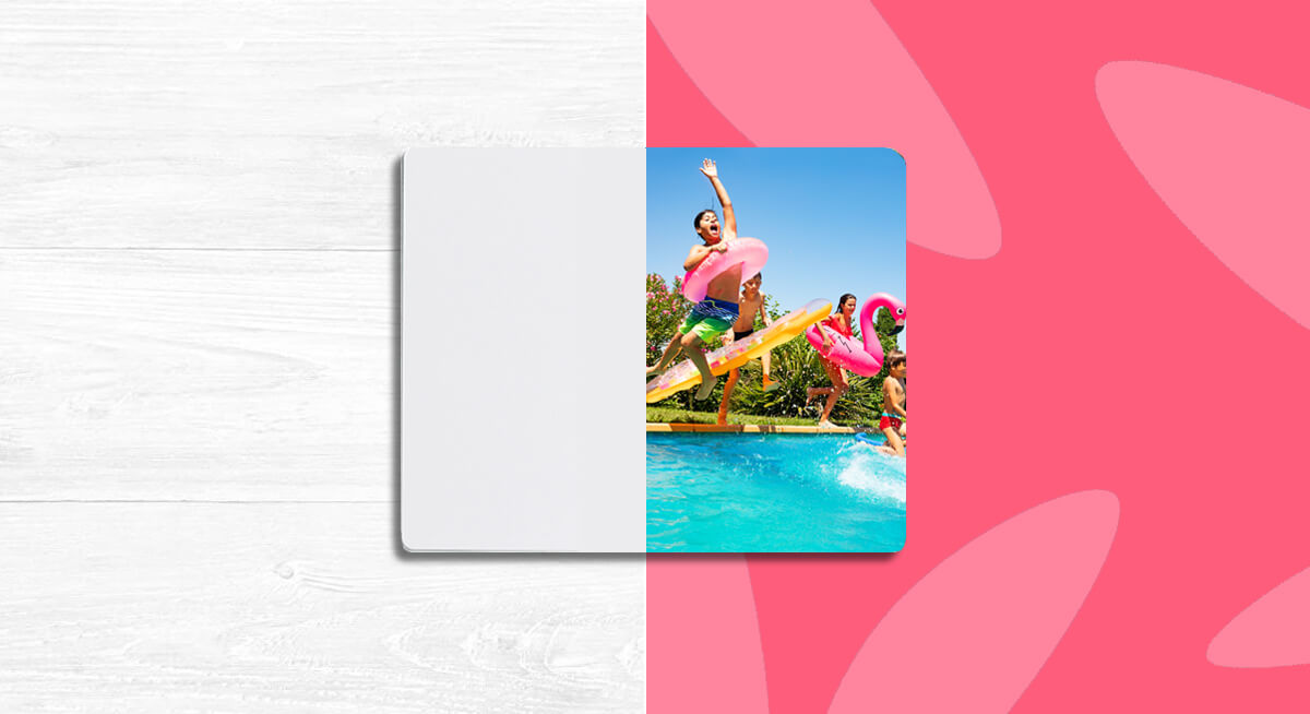 left side of image is white substrate material on a white wooden background, right side is a pool scene on a bright pink background