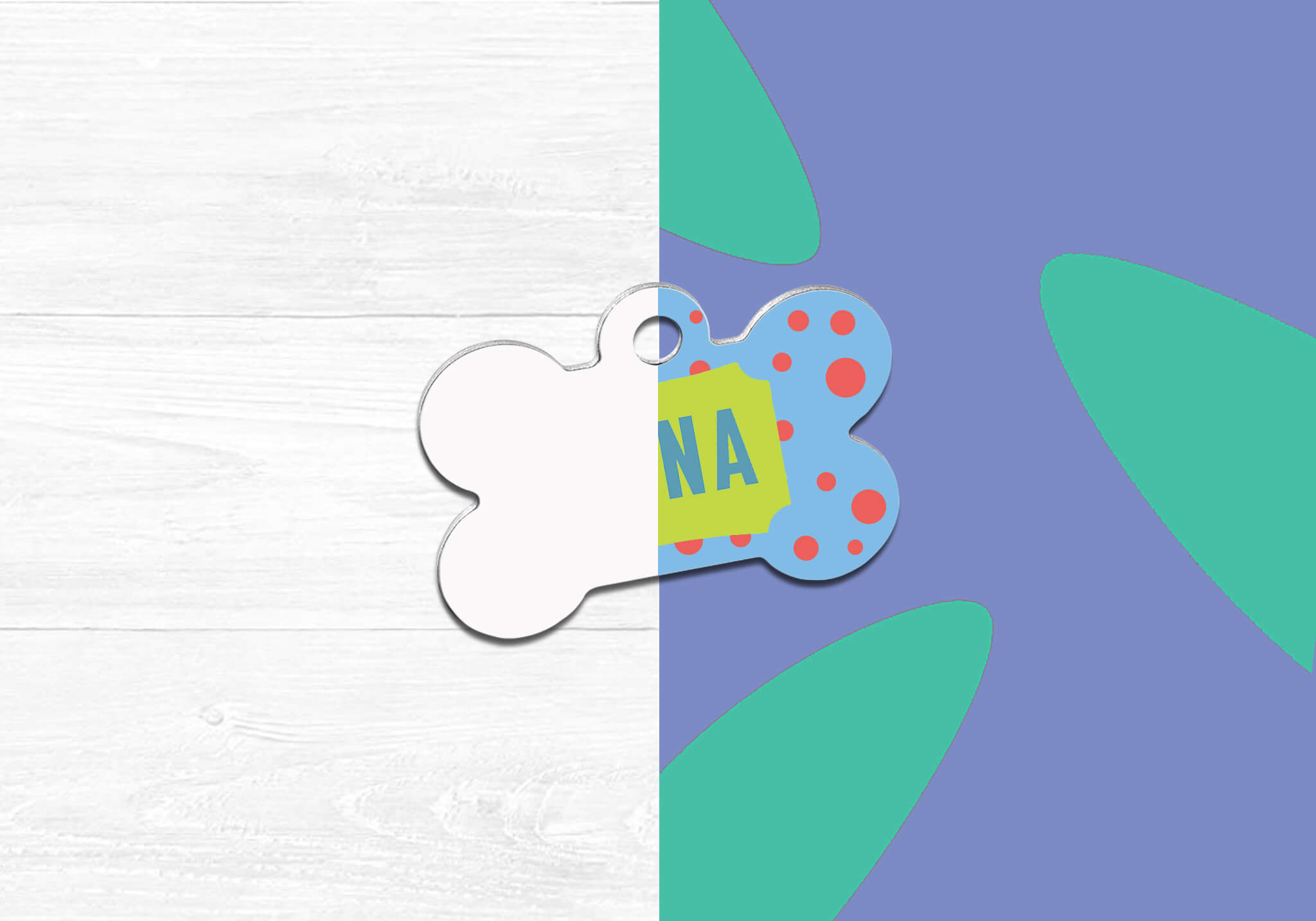 split image of a bone shaped pet tag, left side is blank on a white background, right side is personalized on a blue and green background