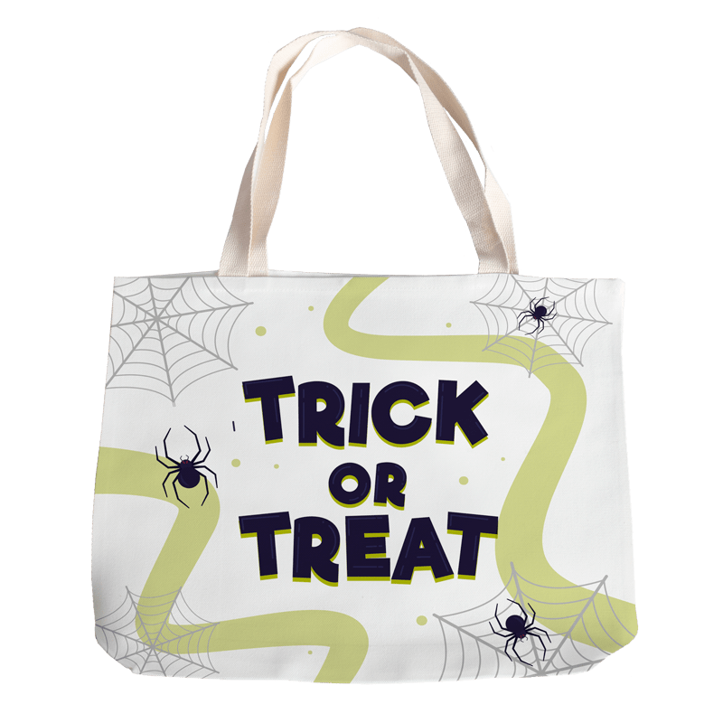 Tote bag decorated with spiders and webs, says Trick or Treat