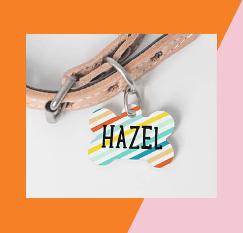 personalized bone shaped pet tag on a collar