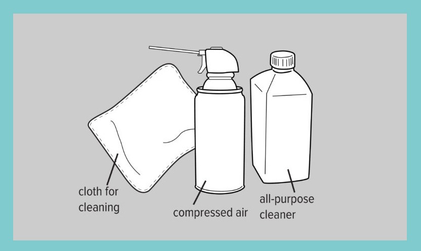 Illustration of the items used for cleaning in step 2: cloth, compressed air, and all-purpose cleaner