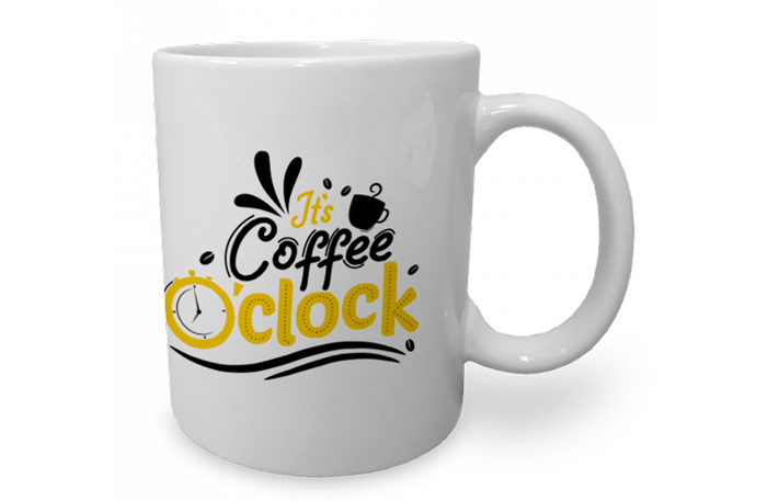 white mug customized with coffee o'clock